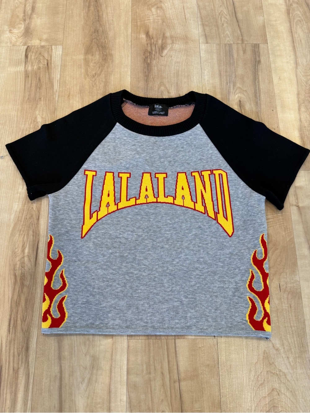 Dressed in LALA Gray Raglan Tee with Black Sleeves & Red-Yellow Flame Detail